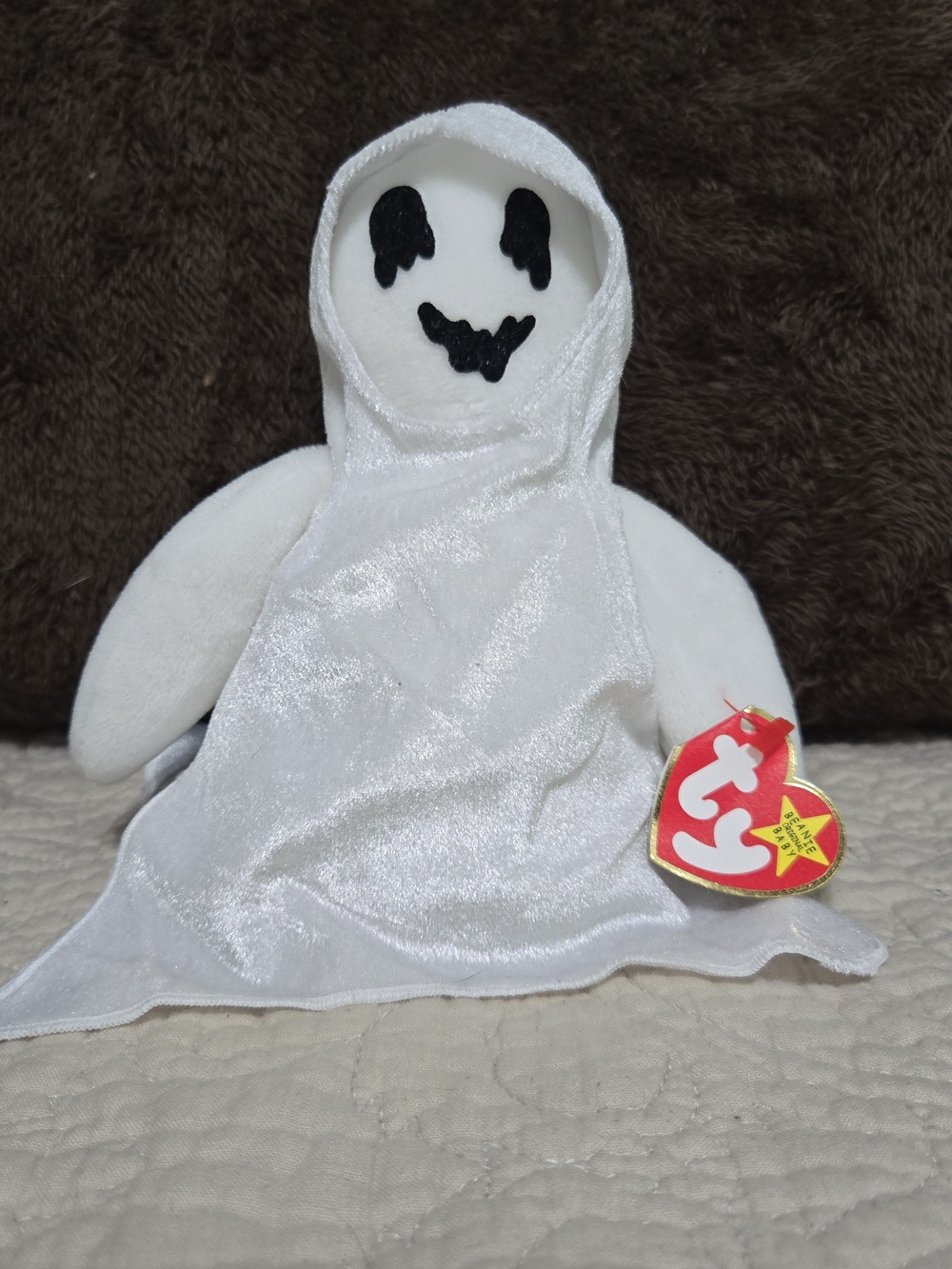 Ty White Ghost Plush with Black Facial Features and Heart Tag
